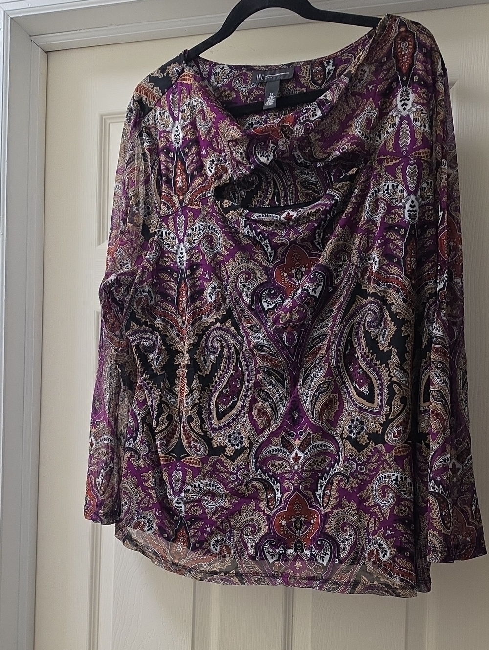 INC International Concepts Purple Paisley Cowl-Neck Long-Sleeve Top